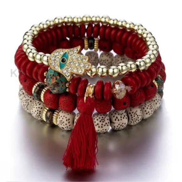 NWT Red White Tassel Evil Eye 4- Multilayer Beaded Bracelet Boho-style Jewelry - Picture 1 of 1